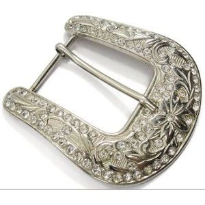Classic Belt Buckle Vintage Rhinestone Silver Tone Western Scroll Cowgirl Bling